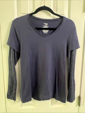 Danskin Two-Layer Long Sleeve V-Neck Top in Slate Blue